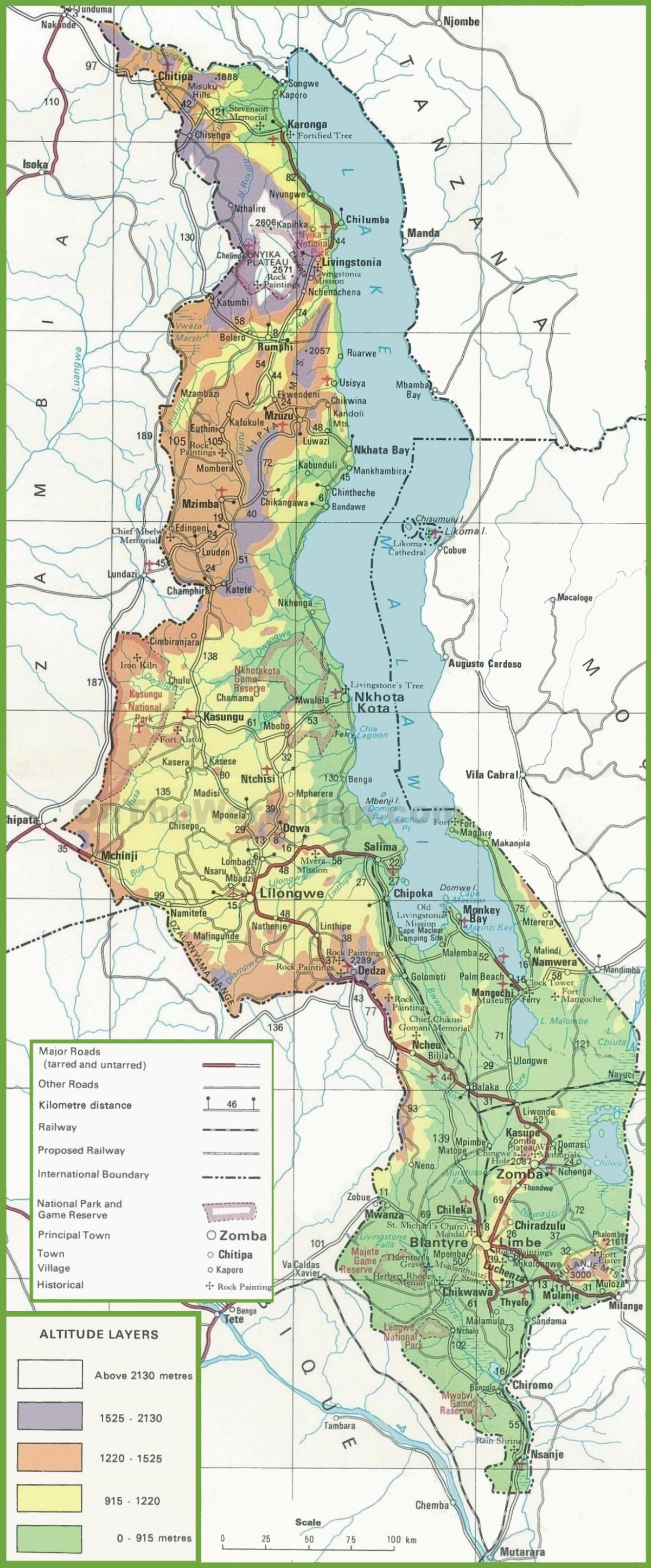 mapa fyzickej mape Malawi