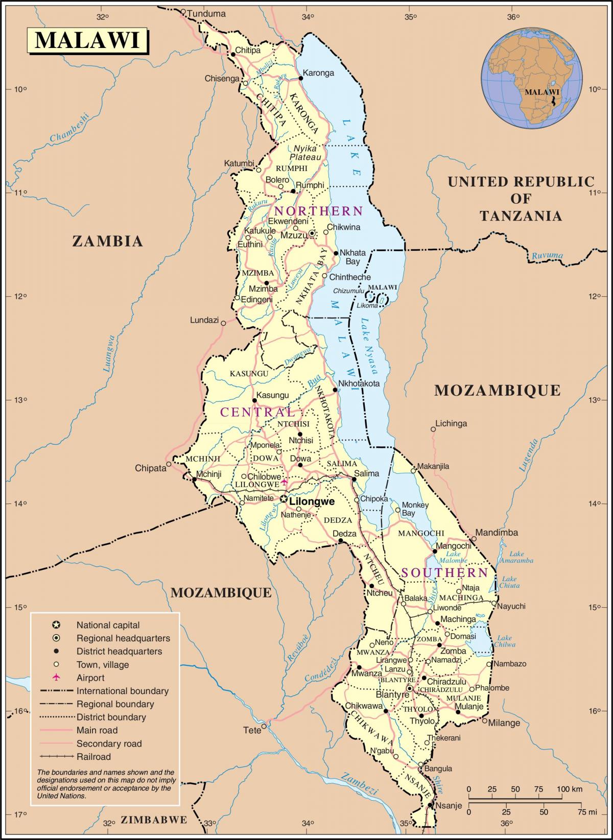 mapa Malawi ukazuje ciest