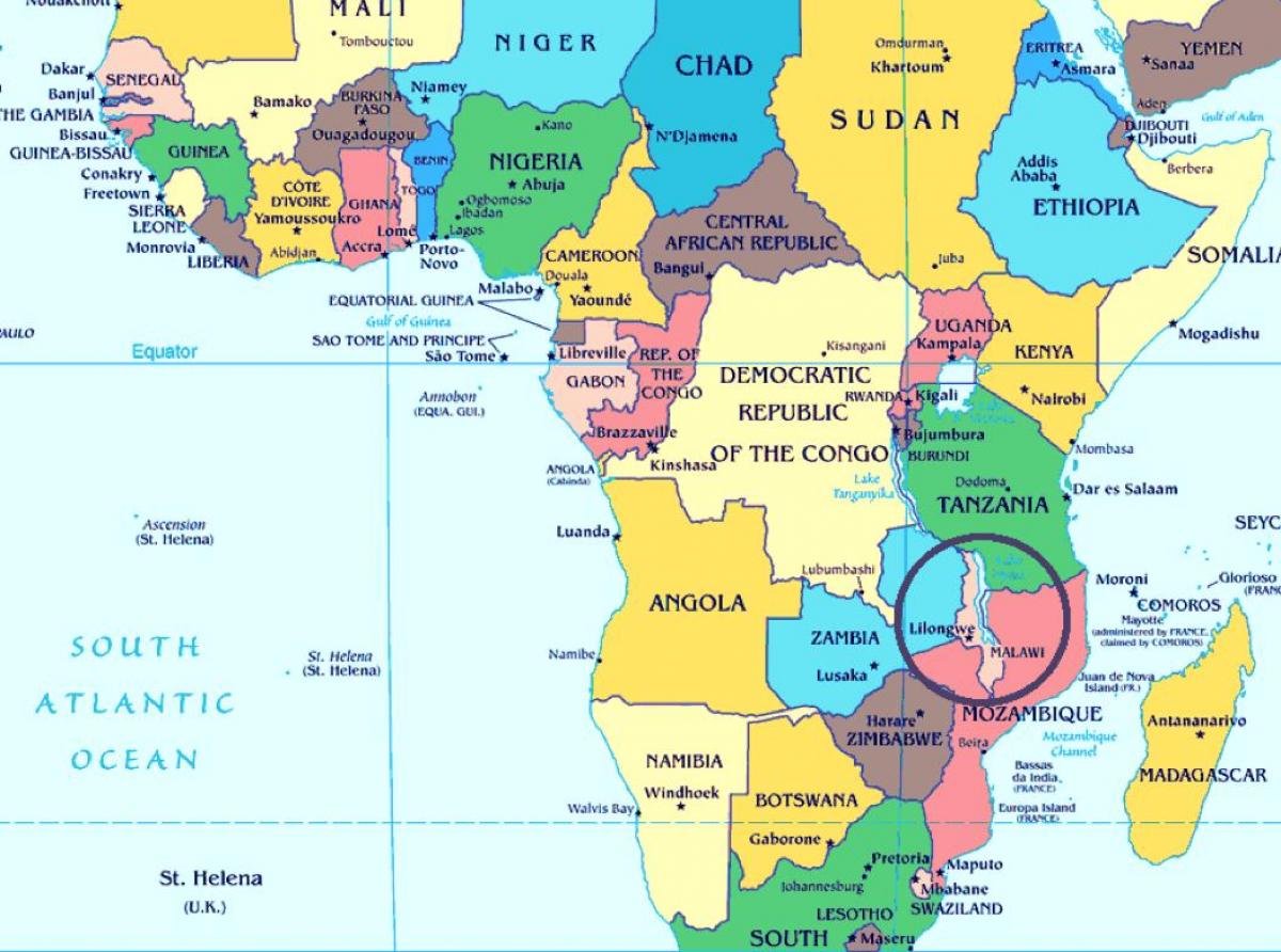 Malawi krajiny, v mape sveta