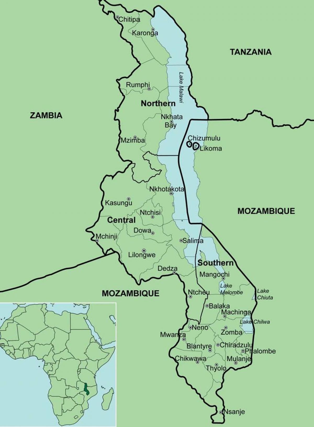 mapa Malawi ukazuje okresov